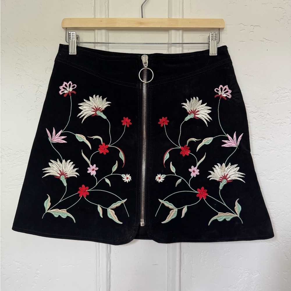 Floral Embroidered Black suede Skirt
